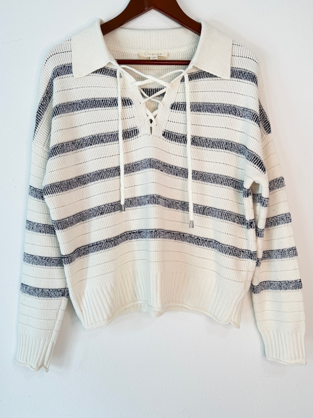 Greige Striped Ribbed Knit Polo Sweater Lace Up Preppy Sequins Nautical Womens M
